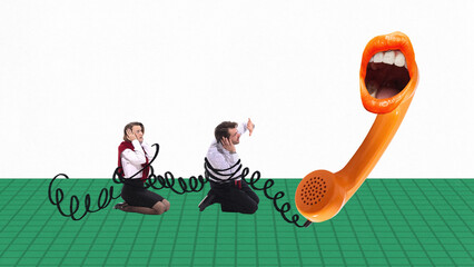 Digital artwork of business people tangled in black telephone cord with giant orange handset shouting with human mouth. Concept of workplace stress, telemarketing overload, and crisis communication.
