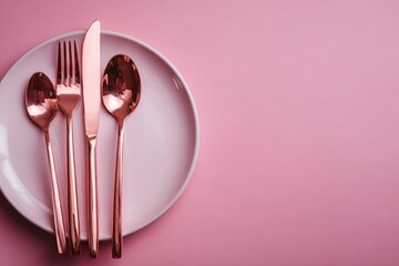 Rose gold cutlery on pink plate