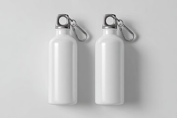 Two identical white metal water bottles with silver caps and clips, displayed on a light gray surface