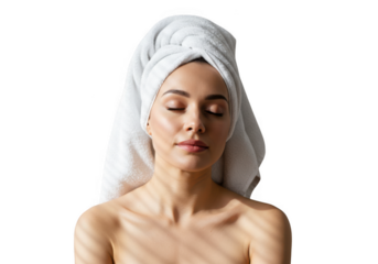 Young woman with towel on head isolated on transparent background