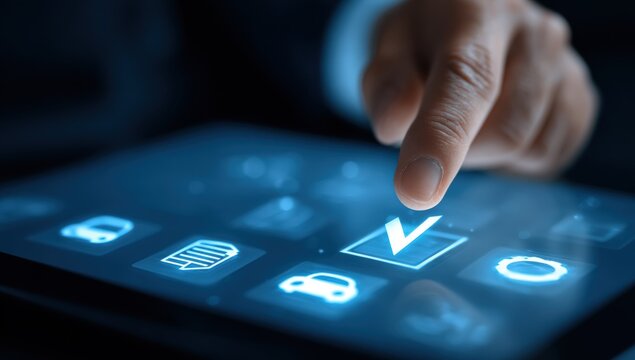 Hand tapping a tablet screen with digital icons