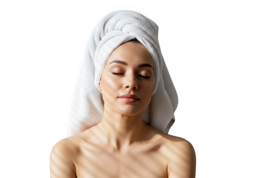 Young woman with towel on head isolated on transparent background