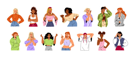 Set of diverse women with different emotions. Girls with various facial expressions. People with happy, sad, angry, irritated, and crying faces. Flat isolated vector illustrations on white background