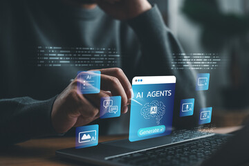 Businessman using AI agents platform on laptop to generate multimedia content. Concept of artificial intelligence, generative tools, automation, future technology for digital content creation.