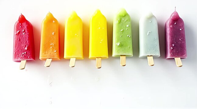 Colorful rainbow popsicles arranged in a row.