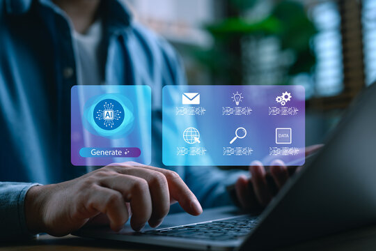 Man using AI interface to generate content, perform digital tasks such as search, data processing, and automation. Concept of artificial intelligence tools for productivity and smart work solutions.