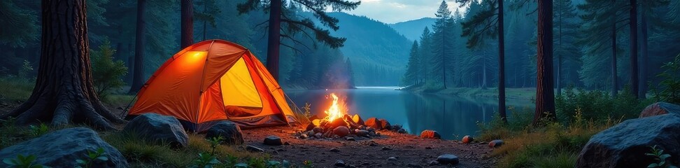 Tranquil Forest Camping Cozy Tent, Campfire, and Peaceful Wilderness Adventure