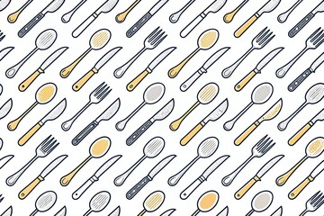 Seamless pattern of hand drawn cutlery including spoons forks and knives in a whimsical doodle style