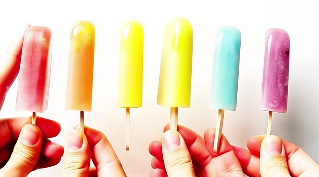 Colorful popsicles held in hands against a white background, a refreshing summer treat.