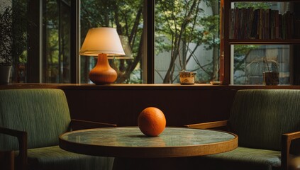A cozy cafe interior, featuring a round orange on a table