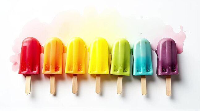 Row of colorful rainbow popsicles on a white background.