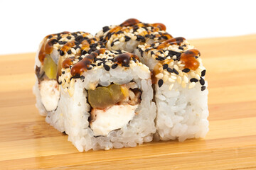 Delicious Sushi Roll with Creamy Filling and Drizzle
