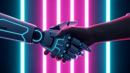 A futuristic handshake between a robotic hand and a human hand against neon-lit background - Powered by Adobe