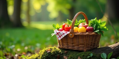 Rustic Picnic Basket Overflowing with Fresh Seasonal Produce in a Sun-Dappled Forest Clearing A Budget-Friendly Escape to Natures Embrace