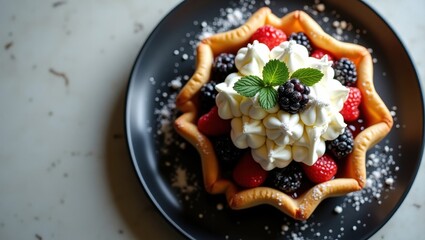 Star shaped pastry filled with fresh berries and whipped cream