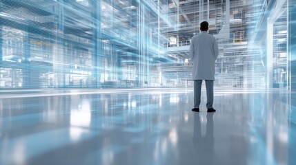 Scientist observes advanced technology in a high-tech laboratory setting during daytime