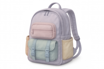 Pastel-colored backpack with multiple pockets, rendering sleek design perfect for students and travelers, standing against transparent background