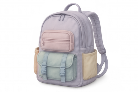 Pastel-colored backpack with multiple pockets, rendering sleek design perfect for students and travelers, standing against transparent background - Powered by Adobe