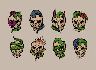 set of doodle hand drawn vintage gothic zombie skull head with snake theme. suits for tattoo, sticker pack, apparel and fantasy design