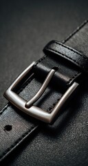 Close-up of a black leather belt with a brushed metal buckle