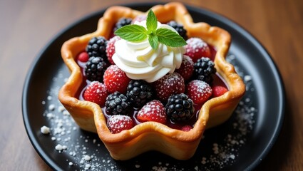 Delicious berry tart with whipped cream and mint garnish