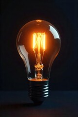 Bright Light Bulb Idea Glowing Filament against Dark Background, Symbolizing Innovation and Inspiration