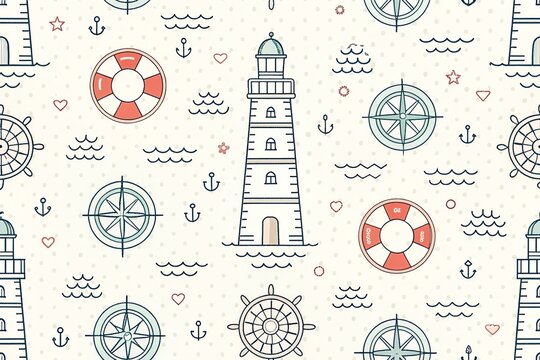 Nautical seamless pattern featuring lighthouses life preservers compasses anchors and waves in a charming hand drawn style