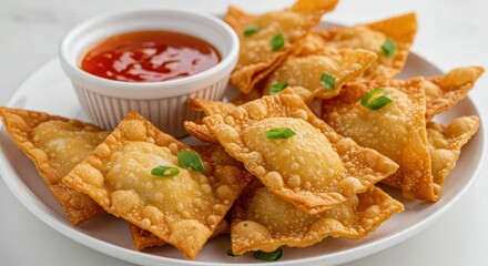 Golden-brown, crispy wonton chips are arranged on a plate, accompanied by a small bowl of sweet chili sauce.