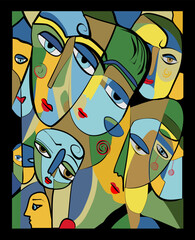 Colorful background, cubism art style,abstracts faces