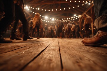 Crowd dancing in a rustic barn