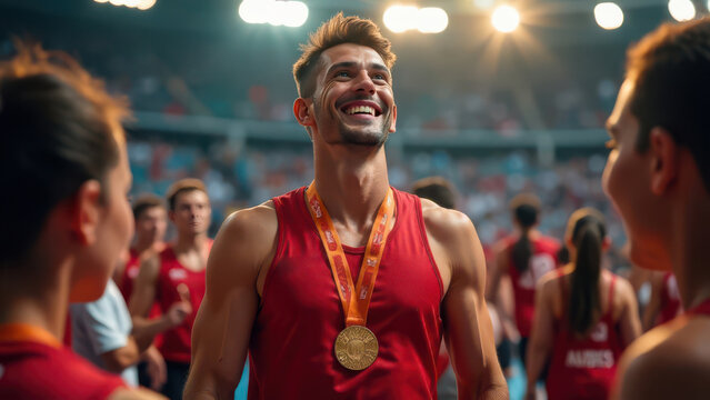 Happy athlete wearing gold medal smiling with teammates in arena