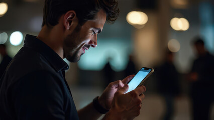 Young businessman using mobile phone at night in office building