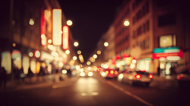 Warm abstract city lights create a dreamy urban nightscape with soft gradient tones.