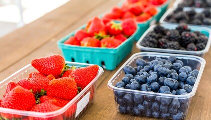 Fresh berries arranged in containers on a wooden table