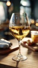 Obraz premium Glass of Local Moselle Wine on Wooden Table with Warm Tones and Gentle Reflections in Natural Light