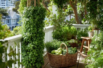 Fototapeta premium Lush Greenery and Fresh Herbs in a Cozy Outdoor Balcony Garden