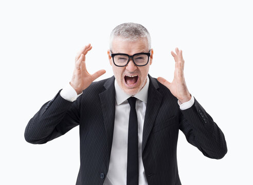 Portrait of a middle-aged businessman screaming and despairing, half-length isolated on white background