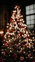 Christmas Tree Radiance: A festive Christmas tree, aglow with warm lights and ornaments, casts a soft, inviting ambiance against a subtly lit background.