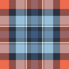 Detailed pixelated tartan pattern in blues, oranges and whites. A versatile texture for design projects, backgrounds, or illustrating traditional motifs with a modern twist.