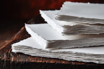Stacked sheets of pristine white paper on a rustic wooden surface