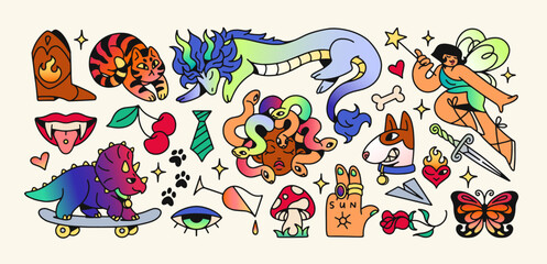 Obraz premium Set of cute retro icons with design elements and characters. Old school sticker pack. Vintage signs of hearts, sparks, funny cat, dog and dino, Gorgon Medusa, fairy. Flat isolated vector illustrations