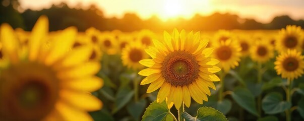 Obraz premium Golden hour sunlight bathes a field of vibrant yellow sunflowers, creating a breathtaking display of nature's beauty Perfect for summer, harvest, or nature themes , bright, rural