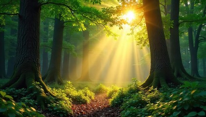 Obraz premium Sunbeams Illuminate Lush Forest Floor, Dappled Light Through Canopy Gaps, Peaceful Nature Scene