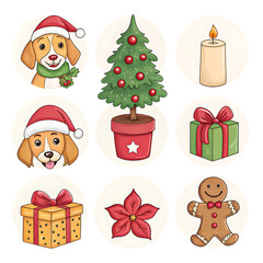 Obraz premium Christmas icons featuring dogs tree gifts candle flower and gingerbread man isolated on transparent background