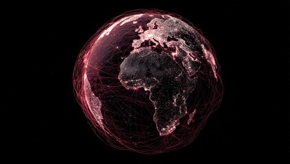 A stylized digital representation of Earth, featuring a network of red lines