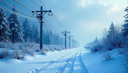 Icy blue electric wires snake across a frozen landscape, frost clinging to metallic surfaces A stark, wintery scene of cold electricity , technology, winter scene, power lines