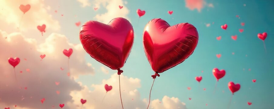 Heart-Shaped Balloons Drifting Apart A Poignant Valentines Day Image of Separation and Long-Distance Love, symbolizing bittersweet farewell, solitude, and the end of a relationship.