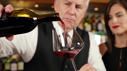 Close up of a professional sommelier pouring a glass of red wine in a sophisticated fine dining restaurant bar