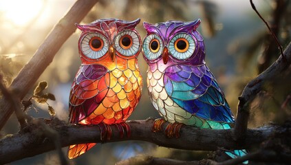 Two colorful stained glass owls perched on a branch