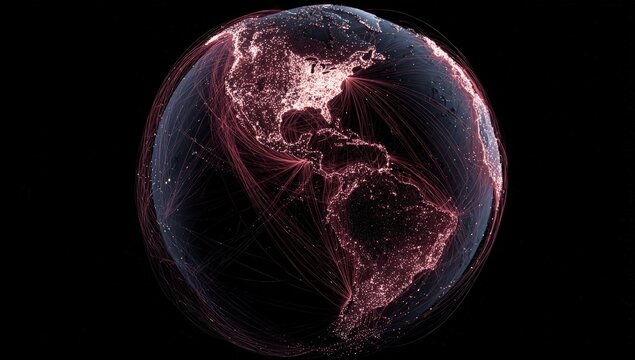Global network of connections. A 3D globe displays a network of lines representing global connections, with the Americas prominently highlighted